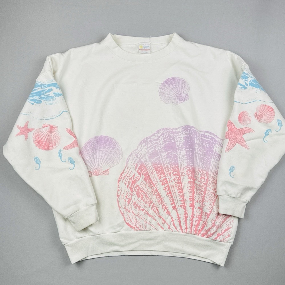 Vintage 80s Seashell Sweatshirt Beach Ocean All Over Print USA Crewneck